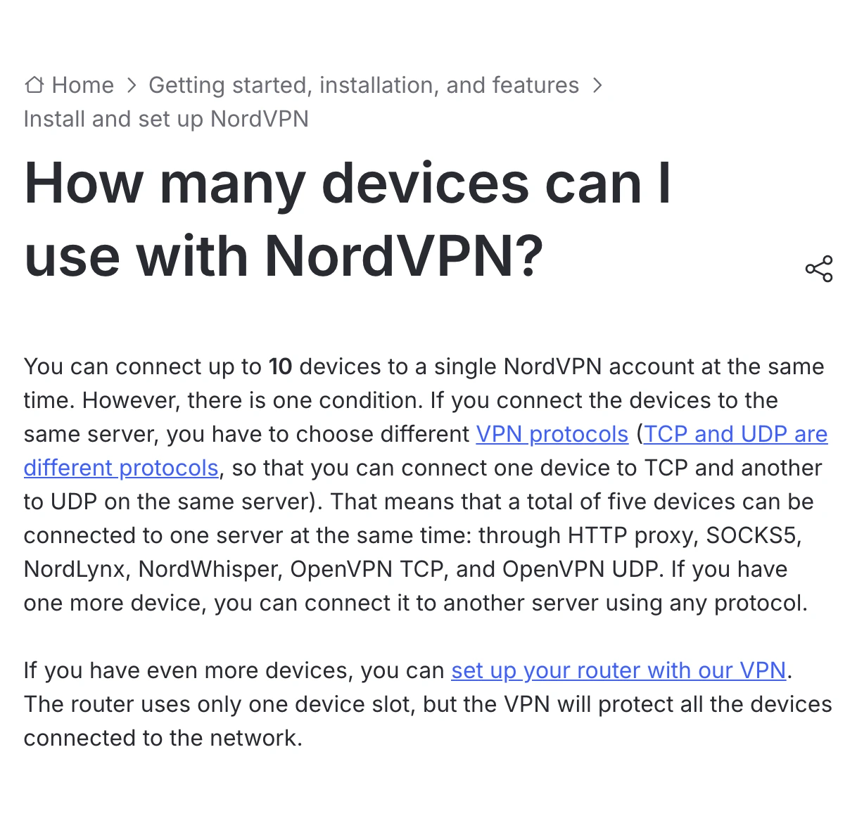 NordVPN support page showing ten simultaneous devices and router coverage note