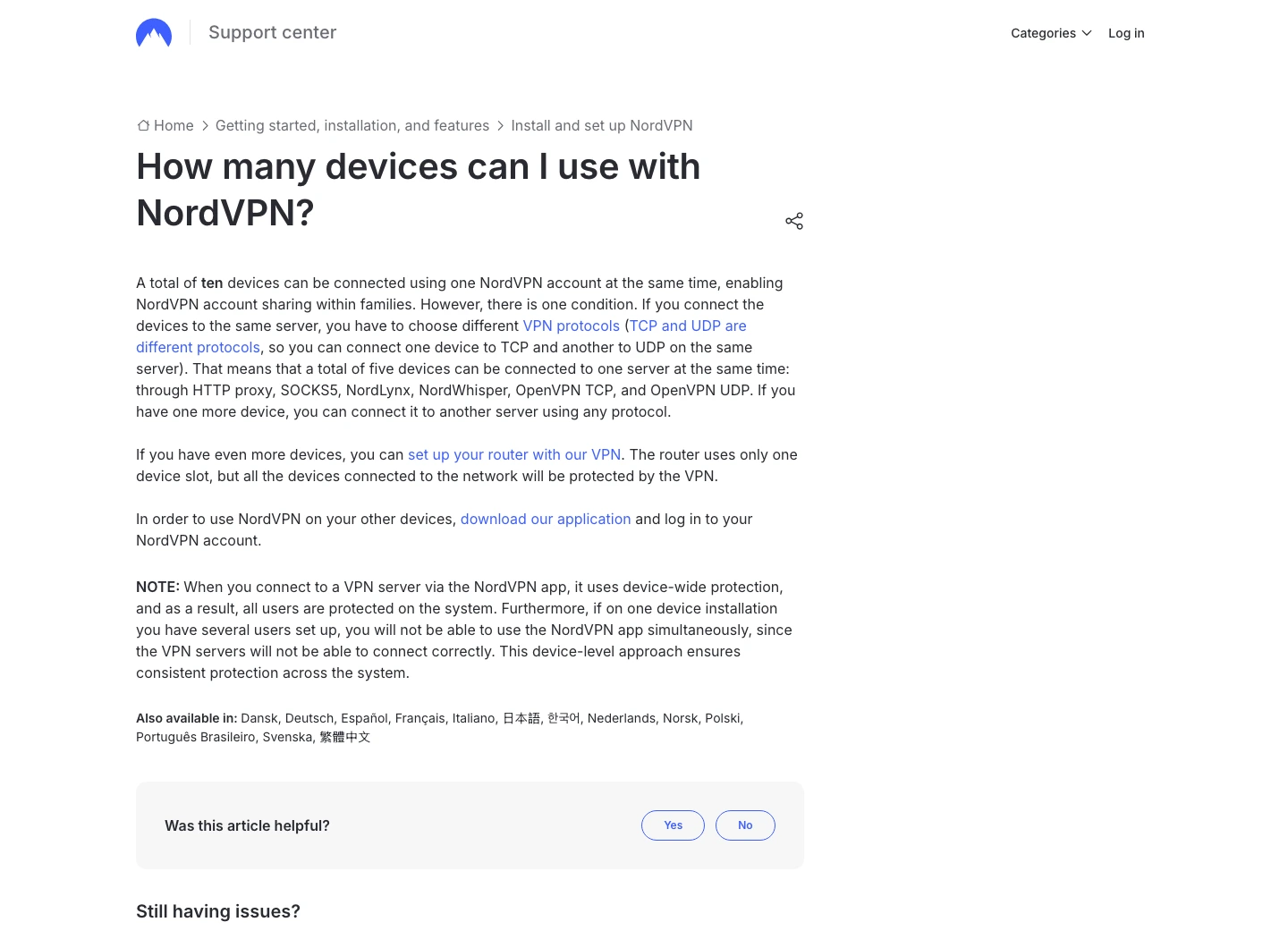 NordVPN support page showing ten simultaneous devices and router coverage note