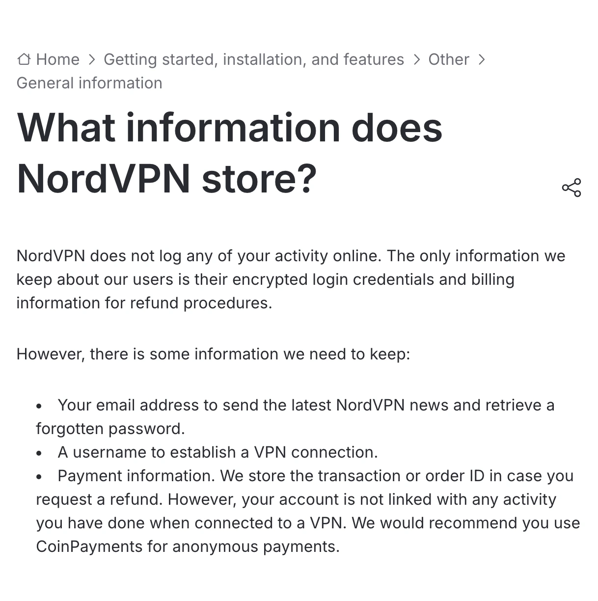 NordVPN support page describing stored information and no online activity logging claim