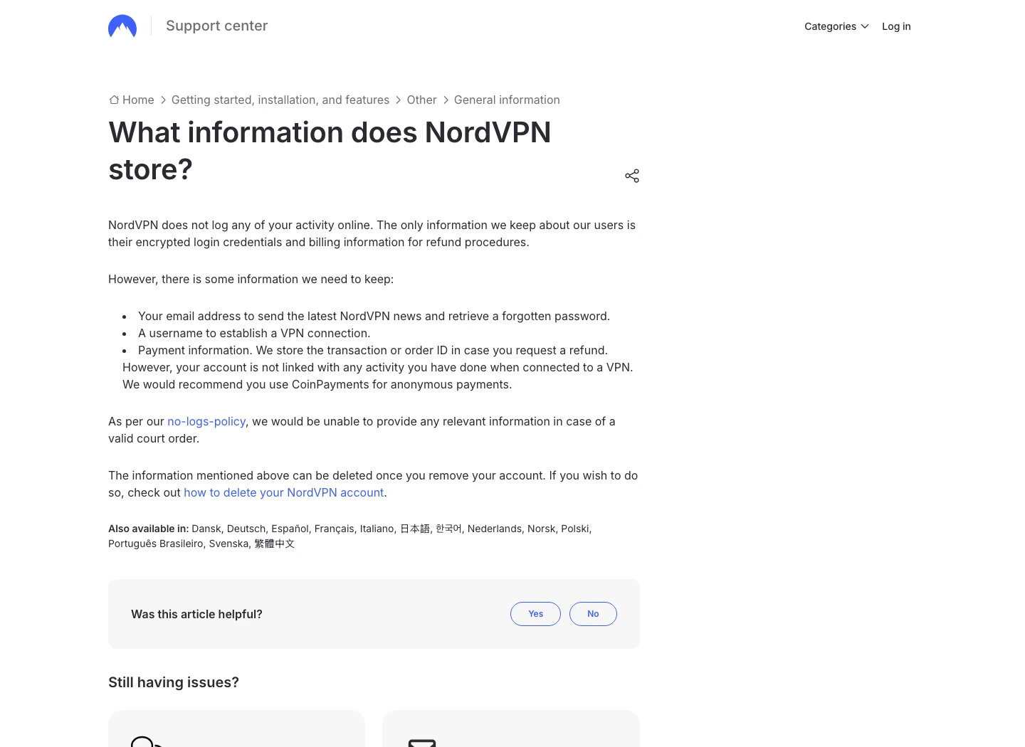 NordVPN support page describing stored information and no online activity logging claim