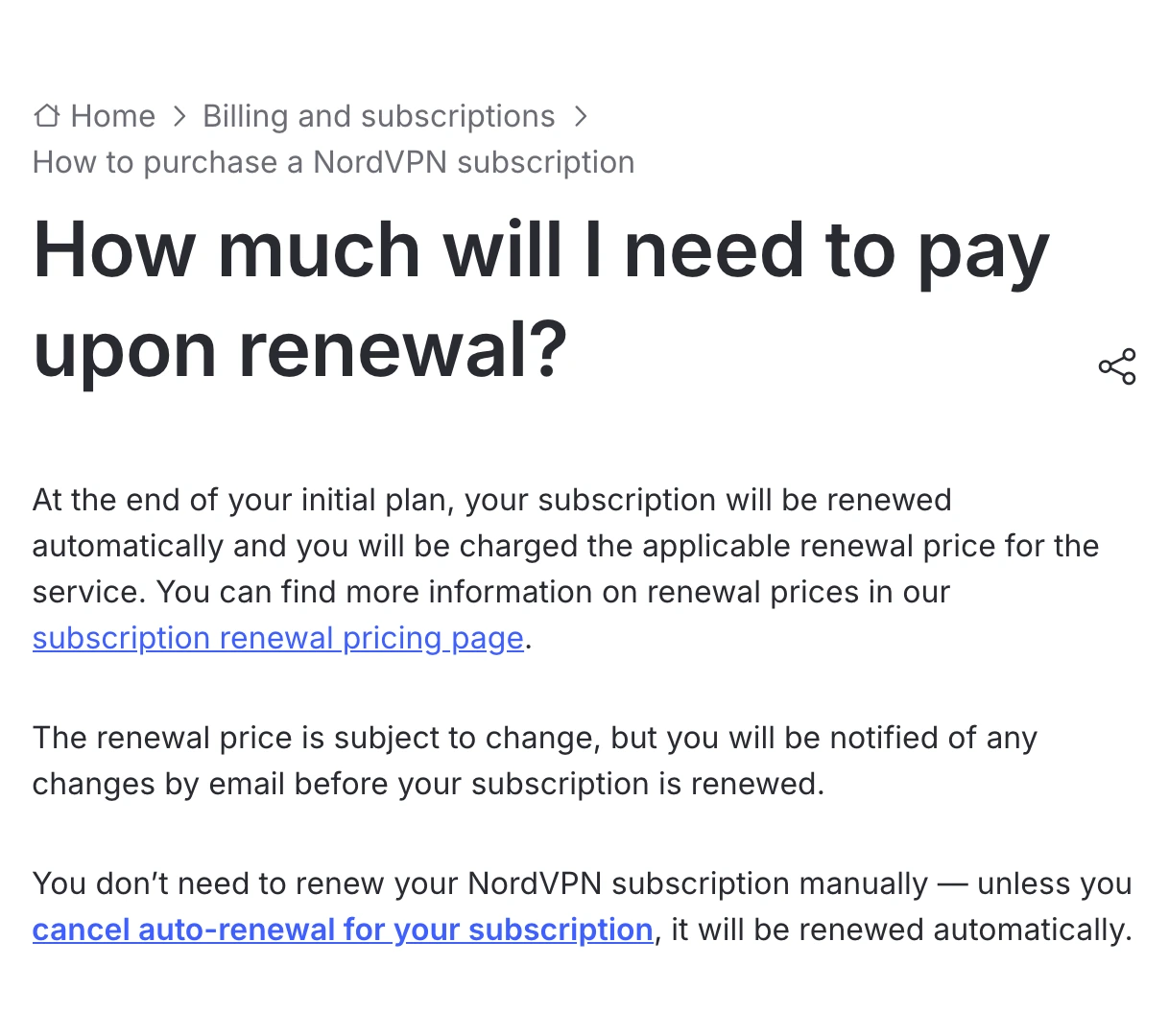 NordVPN support page explaining automatic renewal and applicable renewal pricing