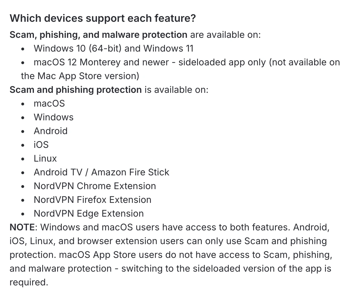 NordVPN support page listing device availability for scam phishing and malware protection features