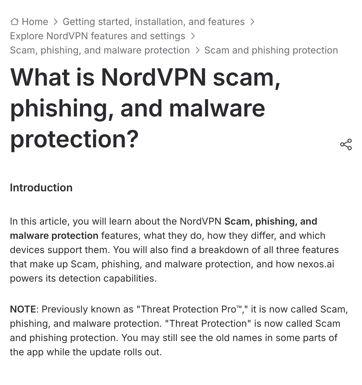 NordVPN support page explaining the new names for its scam phishing and malware protection features