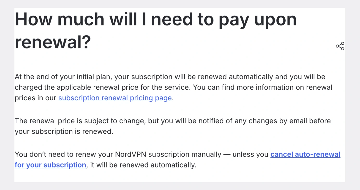 NordVPN support page explaining automatic renewal and applicable renewal pricing