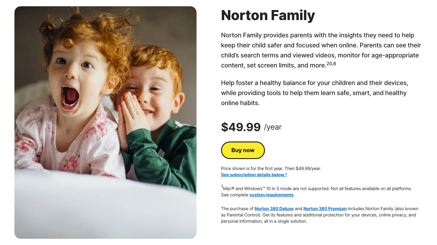 Norton Family price and platform limitations, including unsupported Mac child devices