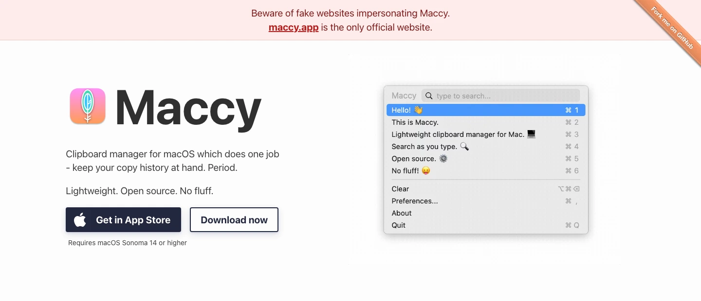 Maccy official website showing local Mac clipboard manager positioning and macOS Sonoma requirement