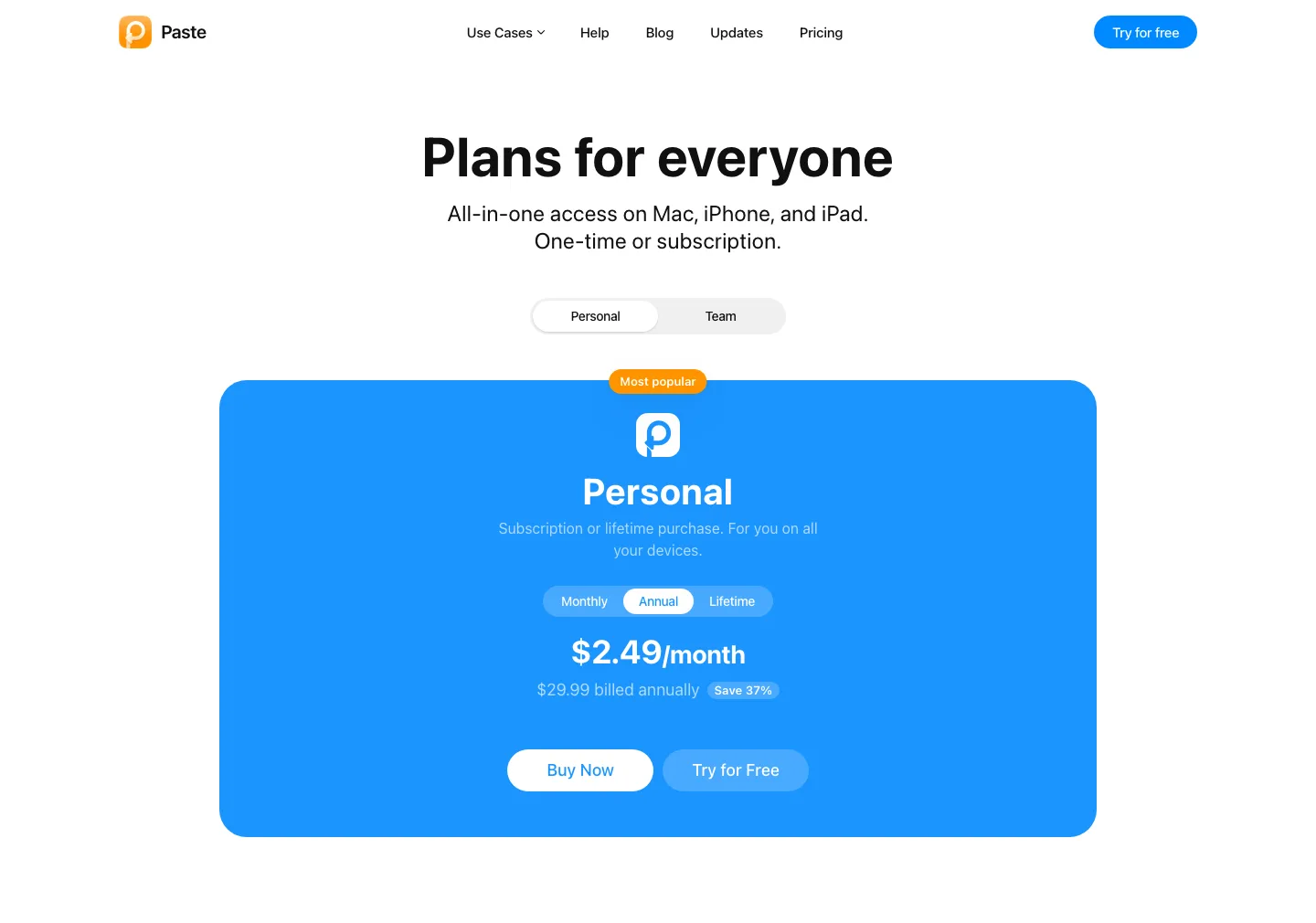 Paste official pricing page showing Personal plan annual pricing for Mac iPhone and iPad access