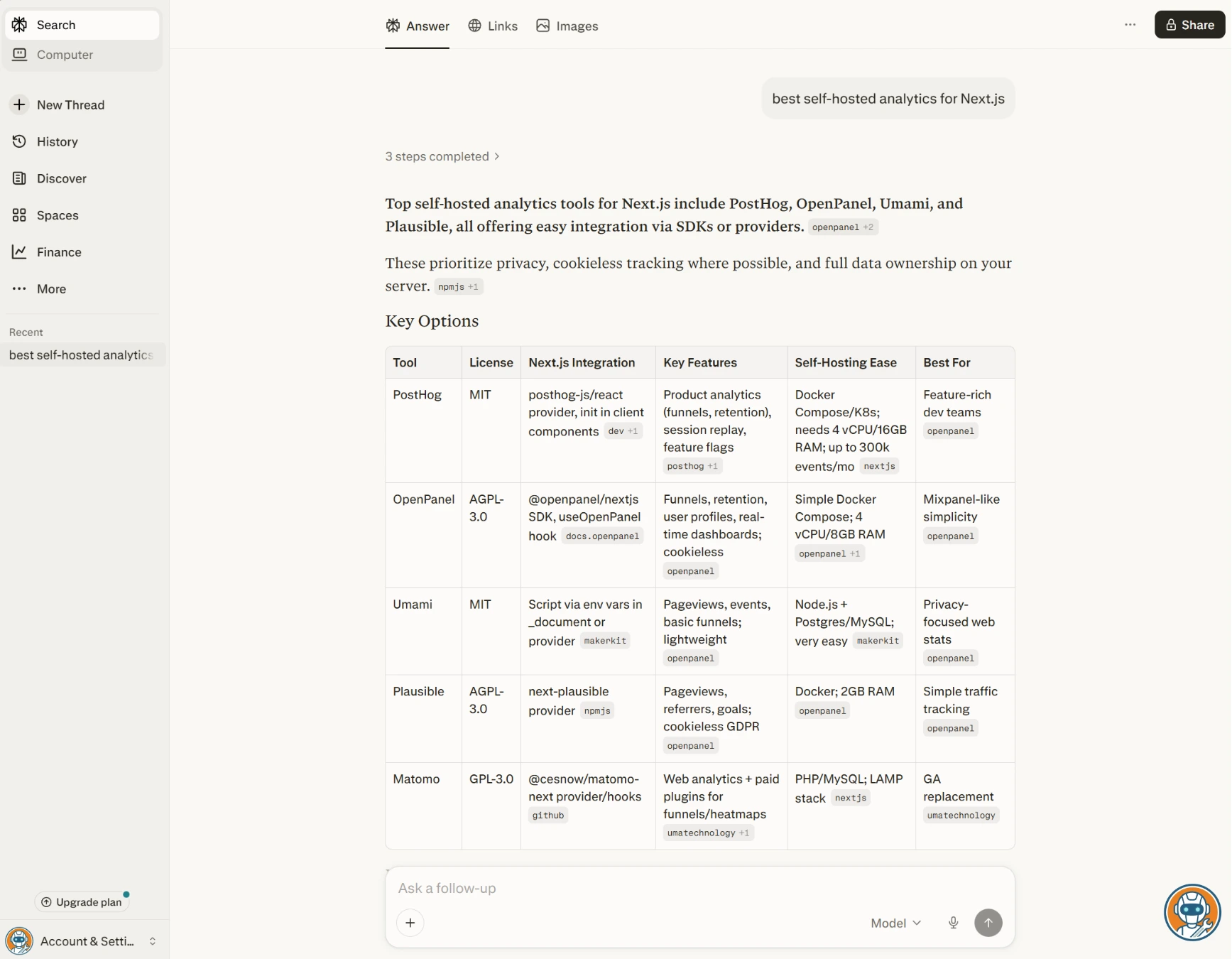 Perplexity Pro Search showing clarifying questions before researching a complex query