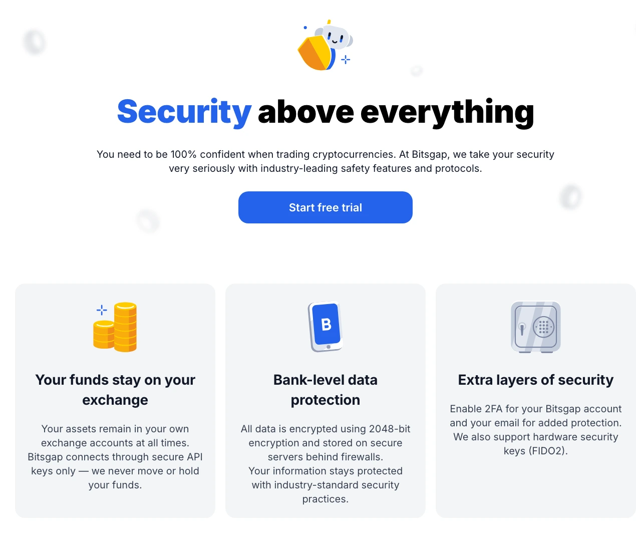 Bitsgap official security page describing exchange-held funds, API connections, encryption, and account security controls