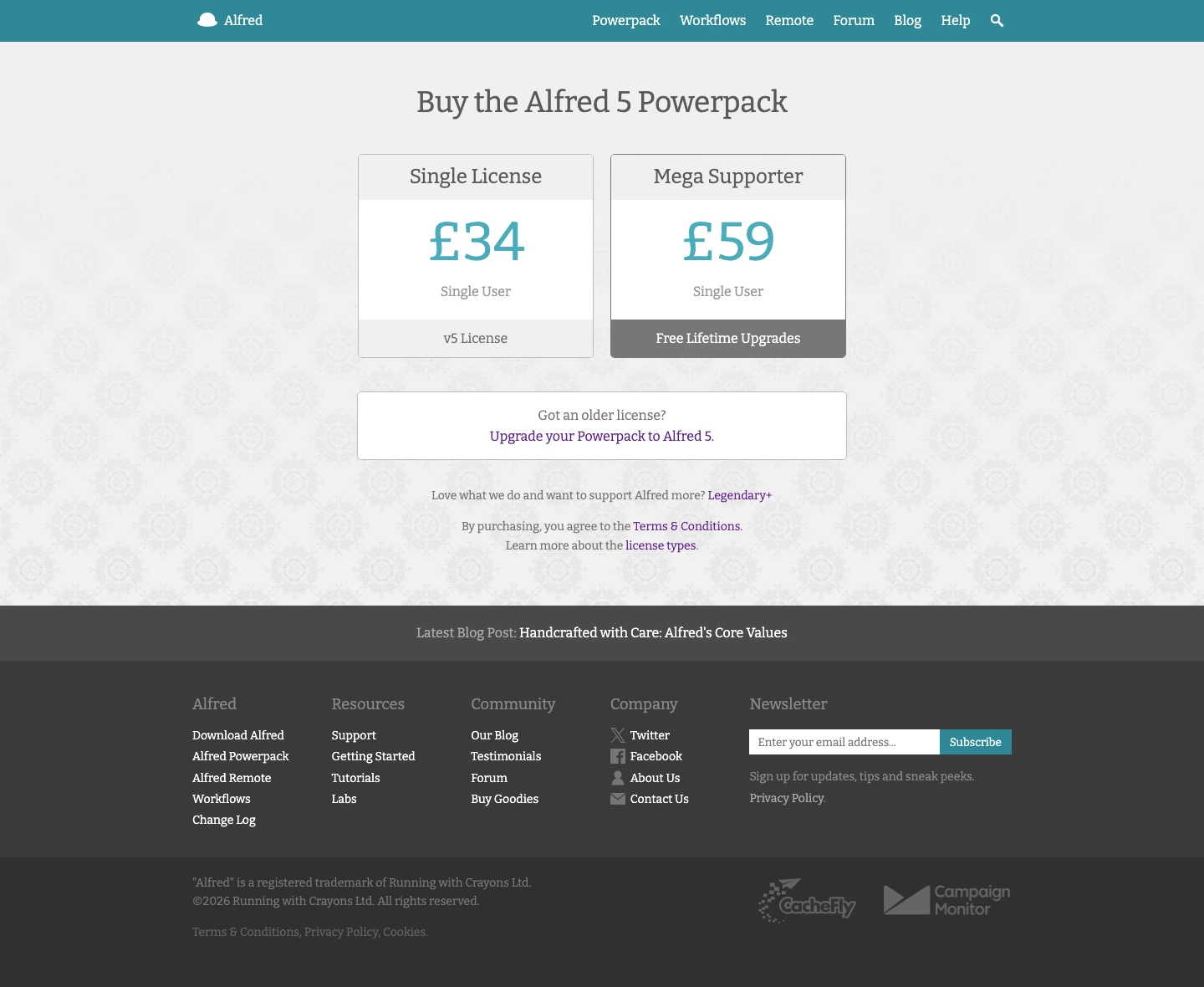 Alfred official shop showing Alfred 5 Powerpack Single License and Mega Supporter pricing