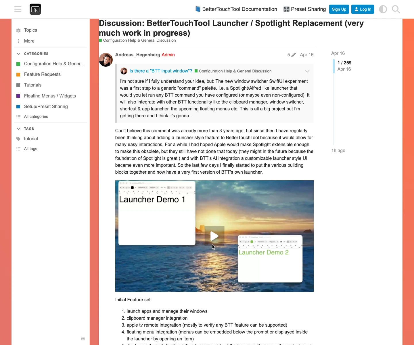 BetterTouchTool community thread showing the Launcher and Spotlight replacement discussion