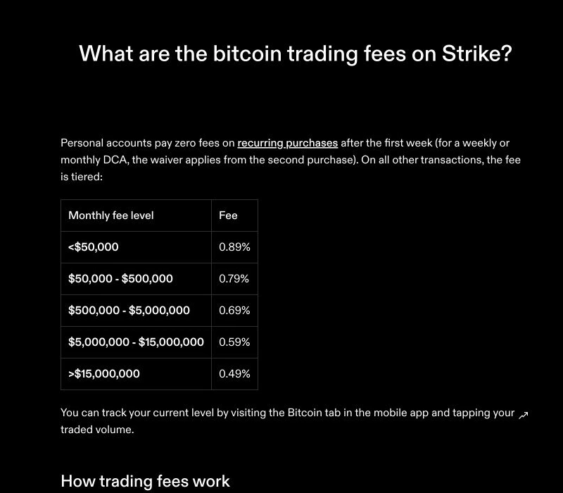 Official Strike fee table showing a 0.89 percent first tier and recurring purchase waiver