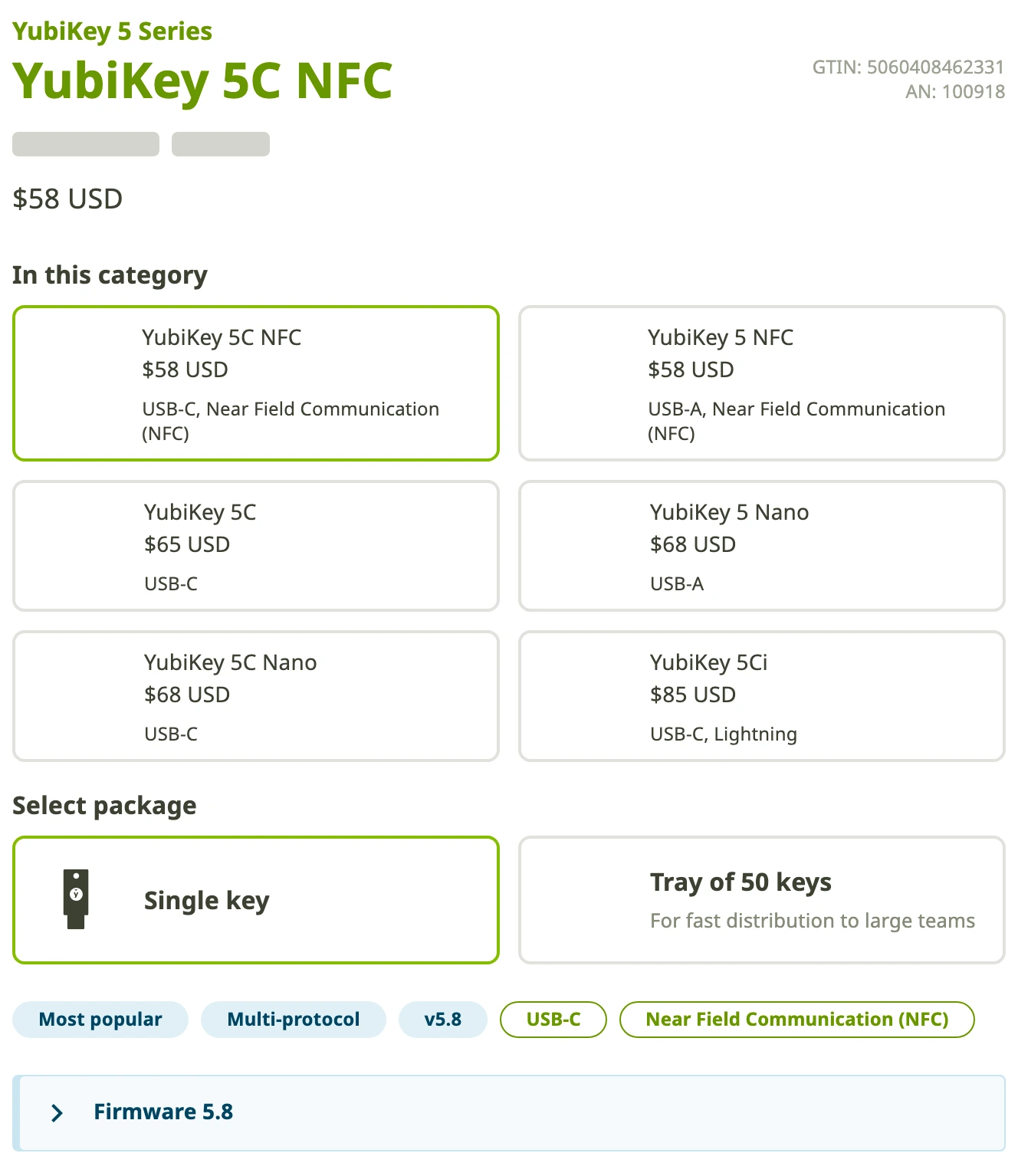 Yubico product page showing YubiKey 5C NFC pricing, USB-C NFC option, firmware 5.8, and multi-protocol label