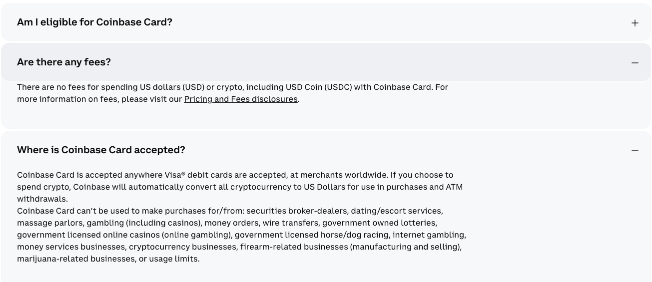 Coinbase Card FAQ showing no fees for spending USD or USDC and automatic crypto conversion