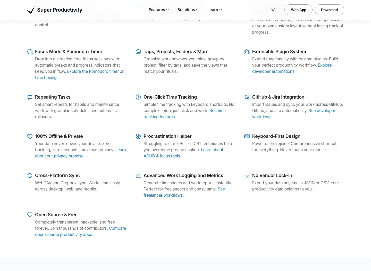 Super Productivity official site showing offline/private, no vendor lock-in, and open-source free claims