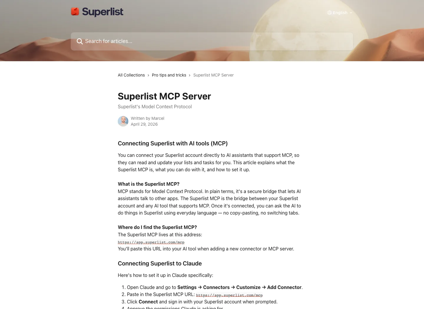 Superlist MCP Help Center page showing AI assistant setup and task read/update capability