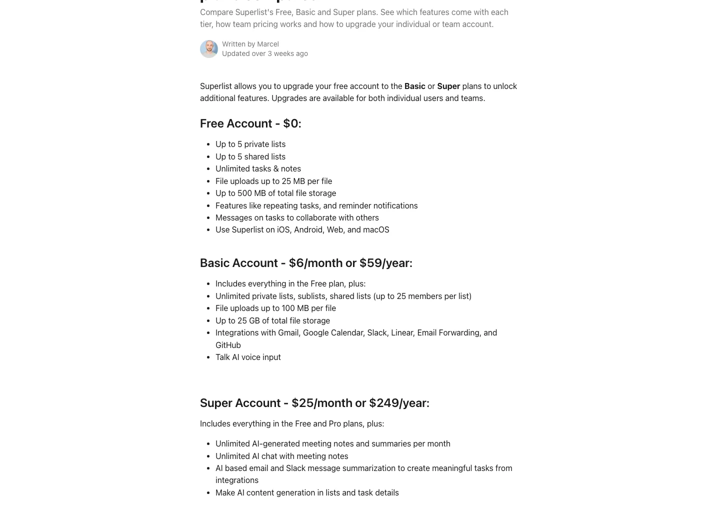 Superlist Help Center pricing page showing Free, Basic, and Super plan thresholds