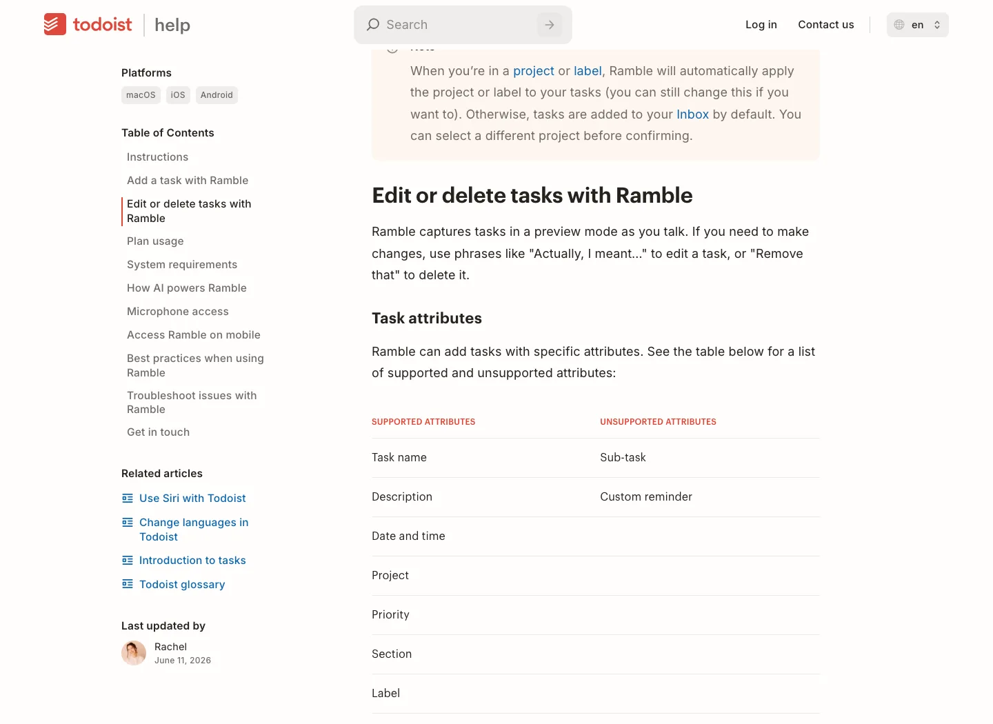 Todoist Ramble help page showing supported and unsupported task attributes