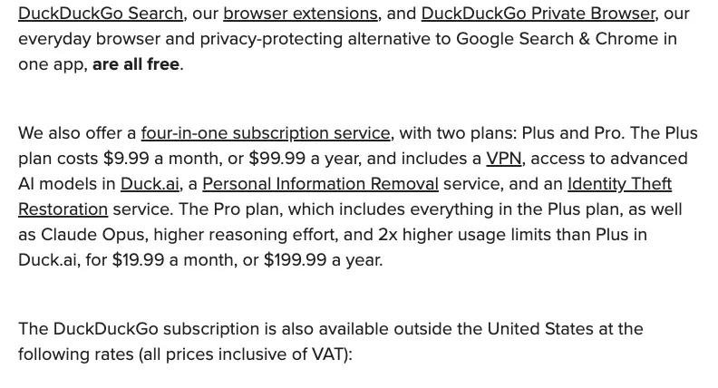 DuckDuckGo official pricing text showing free products and Plus and Pro subscription prices