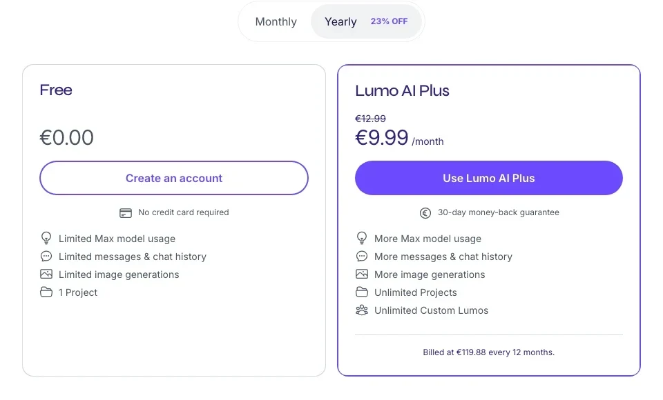 Proton Lumo official Free and Lumo AI Plus cards showing annual price, plan limits, projects, and money-back guarantee