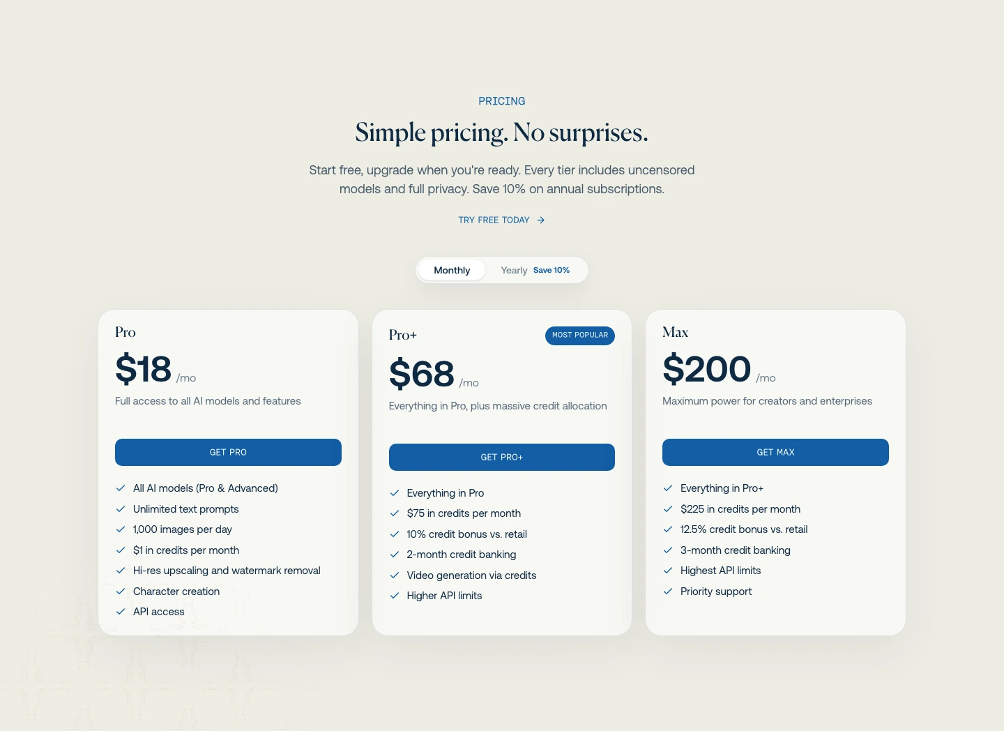 Venice AI official Pro, Pro Plus, and Max pricing cards with monthly prices, credits, API, and limits