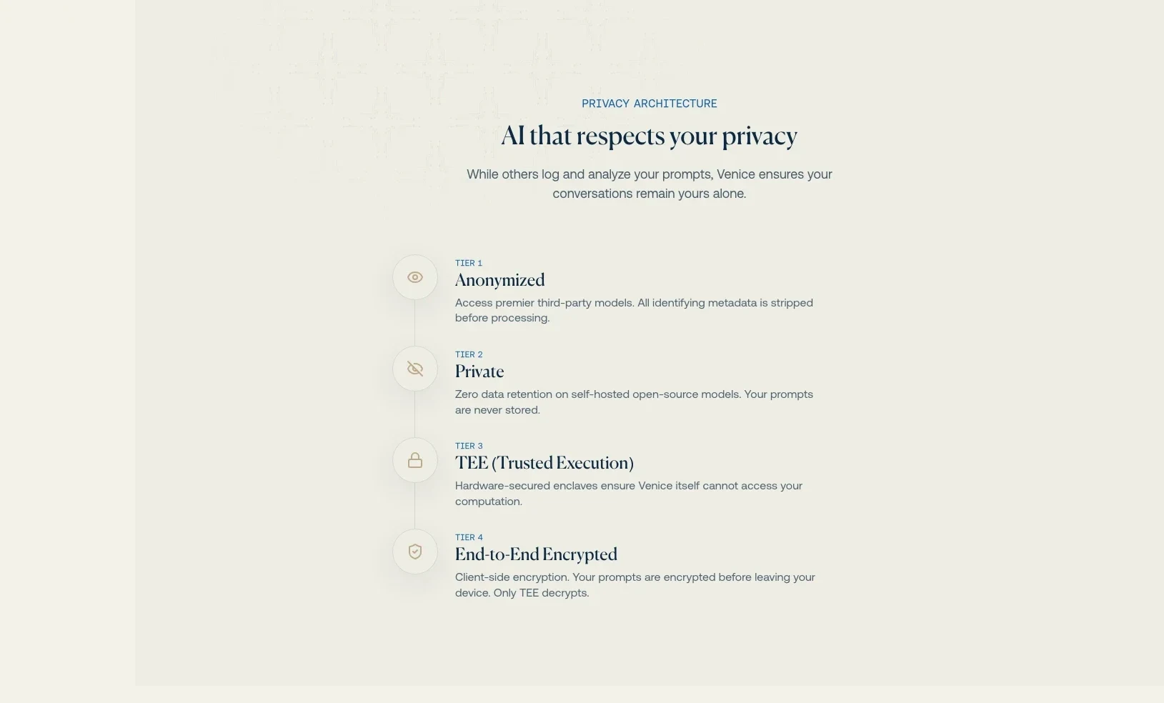 Venice AI official privacy architecture showing anonymized, private, trusted execution, and end-to-end encrypted modes