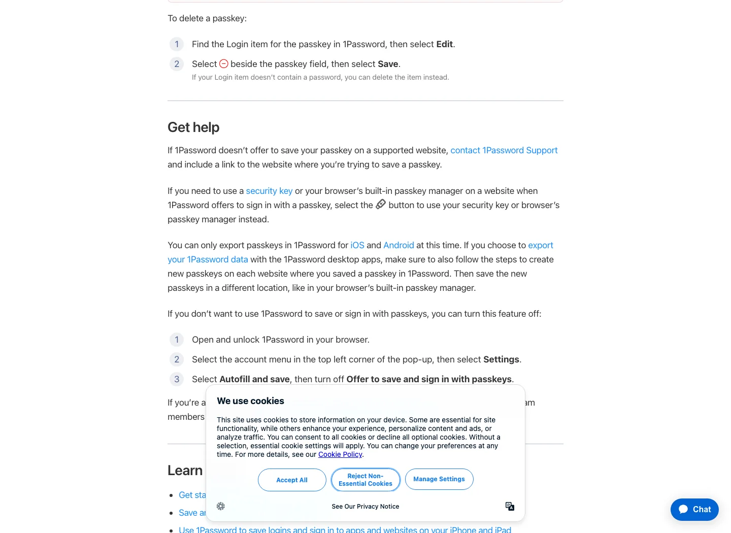 1Password support page showing passkey deletion and export caveats for saved passkeys
