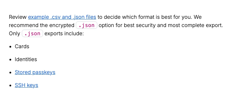 Bitwarden help page showing that passkeys are included in JSON exports and can be imported to a Bitwarden account