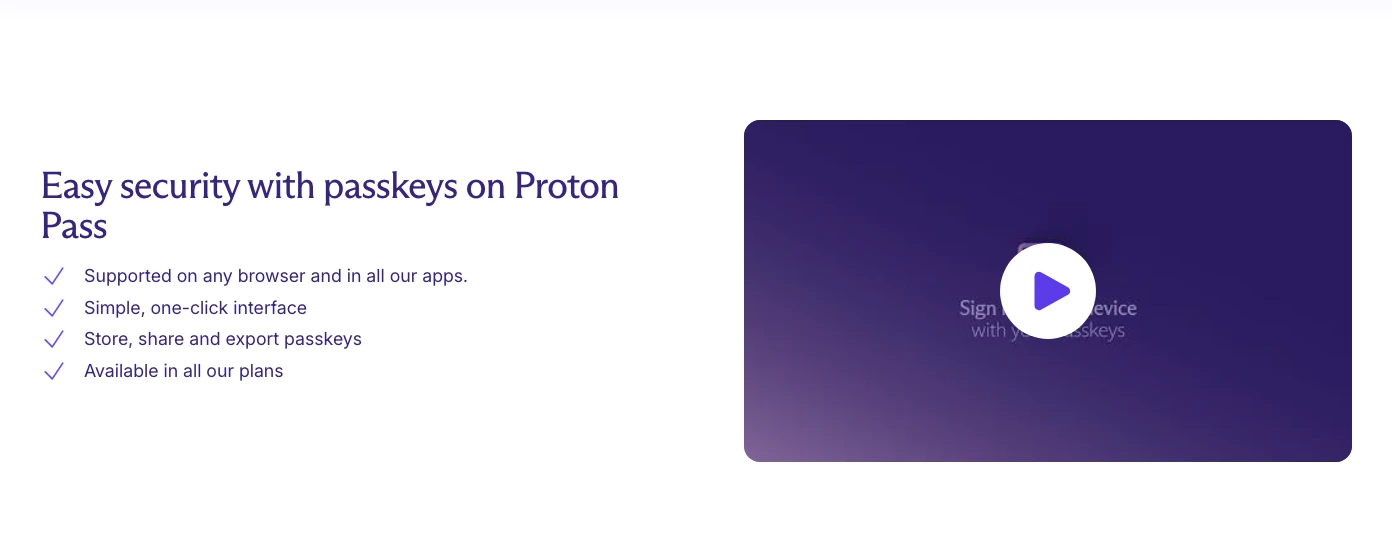 Proton Pass page showing passkey support and a passkey item interface