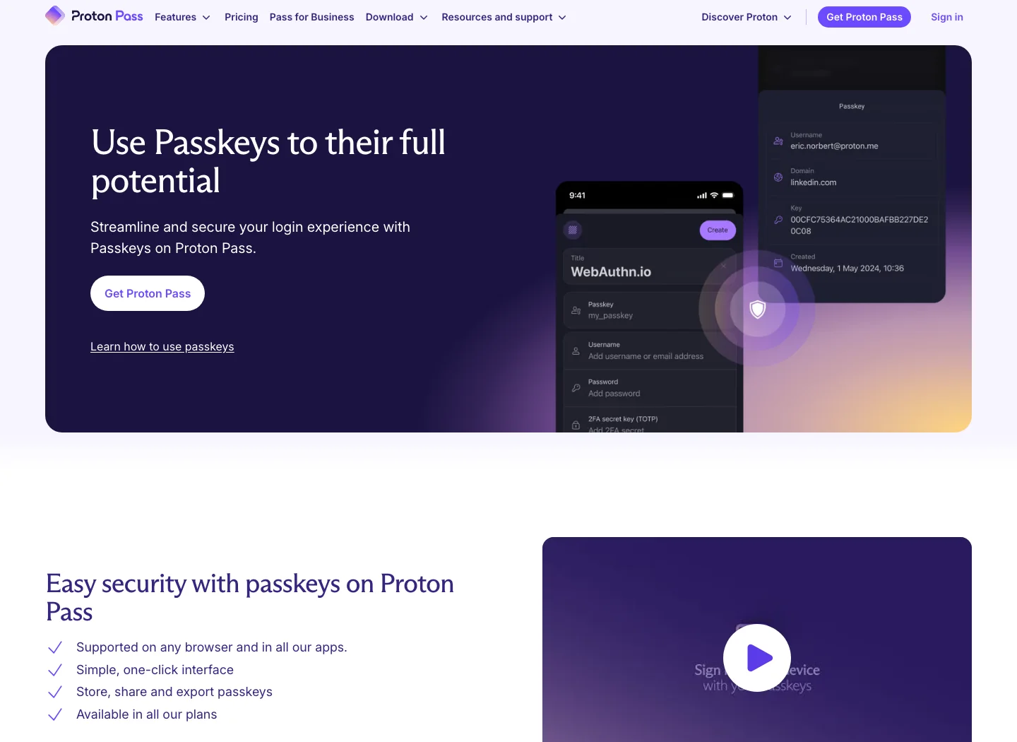 Proton Pass page showing passkey support and a passkey item interface