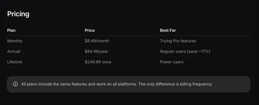 Superwhisper official Pro documentation showing monthly, annual, and lifetime pricing