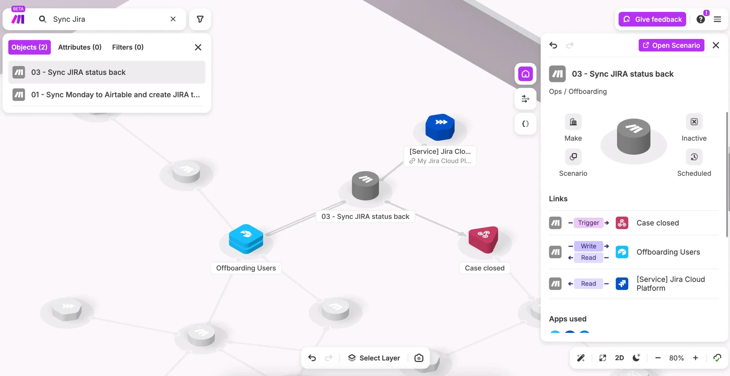 Make visual canvas builder showing a multi-step automation workflow with branching logic